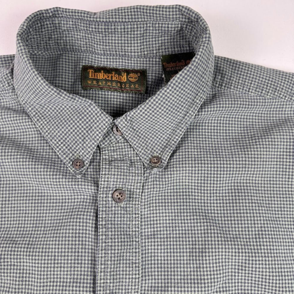 Timberland Weathergear Mens Blue Gingham Cotton Button Down Shirt Large Pockets